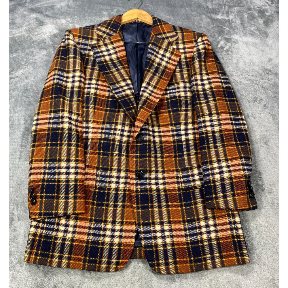 Vintage Austin Reed Blazer Sport Coat Jacket Mens 42L Orange Blue Plaid 60s 70s